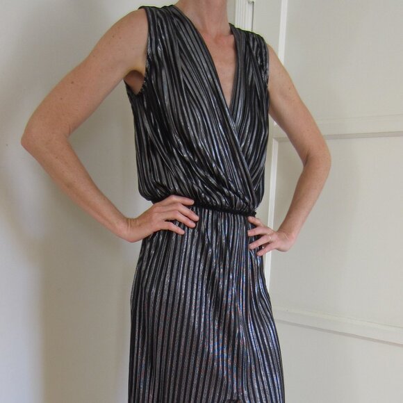 L’agence Maxi Dress S Black Metalic Shiny Open V Neck Neck Leg Slit Classy Glam - Picture 7 of 15